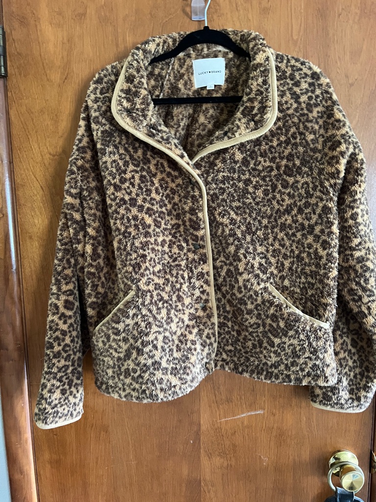 Lucky Brand Leopard-Print Teddy Coat In Brown And Cream Size Large